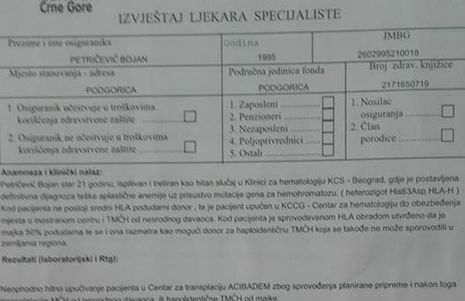 Fond za zdravstveno osiguranje će snositi troškove liječenja Bojana Petričevića u Turskoj