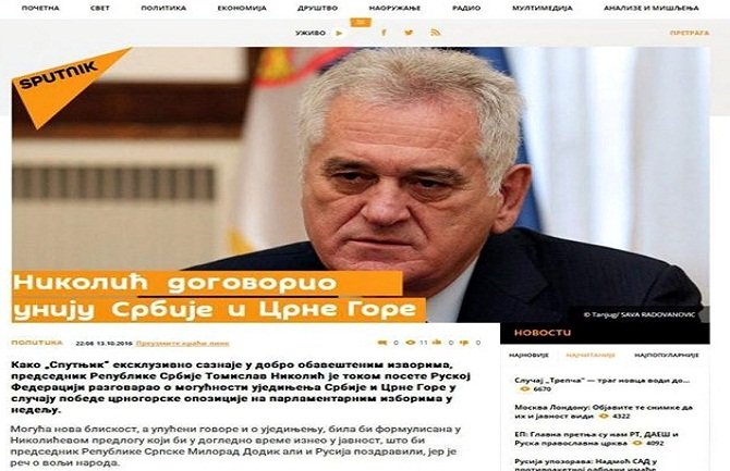 Sputnjik: Nikolić dogovorio uniju Srbije i CG