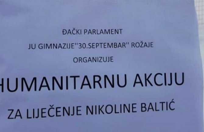 Rožajski gimnazijalci za liječenje Nikoline Baltić prikupili 1.000 eura