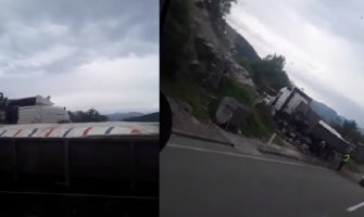 Udes na putu Podgorica- Danilovgrad, kamion udario u brdo, povrijeđen vozač (VIDEO)