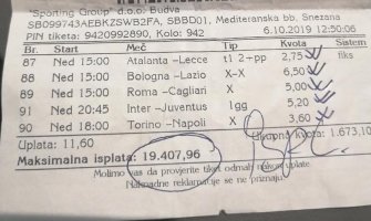 Budva: Uplatio 11 dobio oko 20 hiljada eura