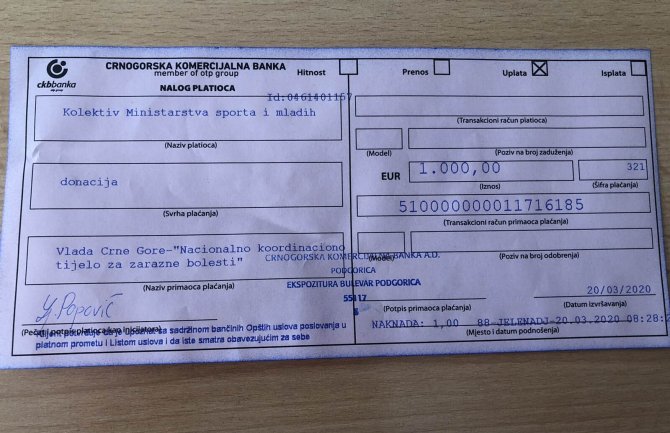 Zaposleni Ministarstva sporta i mladih donirali 1.000 za borbu protiv koronavirusa