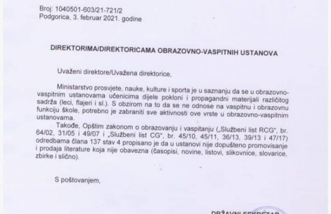 Ministarstvo prosvjete zabranilo propagandni materijal u školama