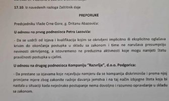 Ombudsman utvrdio da Abazović diskriminiše Petra Lazovića i 