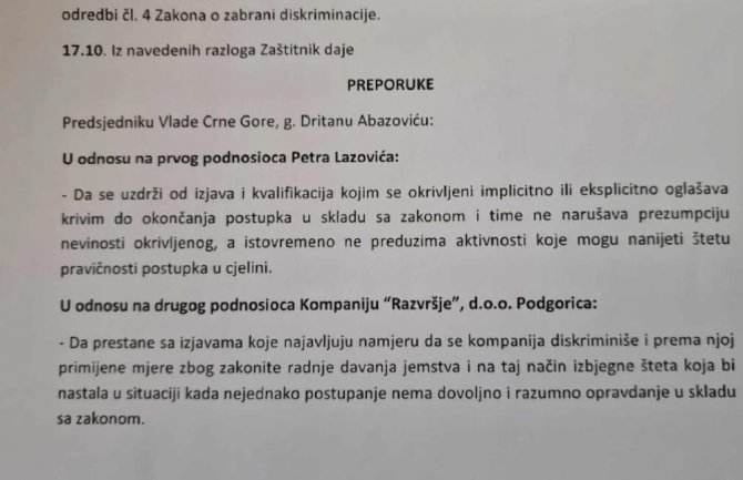 Ombudsman utvrdio da Abazović diskriminiše Petra Lazovića i 